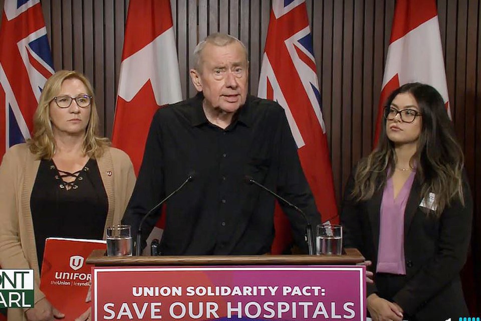 OCHU/CUPE President Michael Hurley spoke to a media conference at Queen's Park Thursday. He was joined by Kelly-Anne Orr, assistant to the Unifor national president, left, and by Sarah Correia, hospital sector director for SEIU Healthcare.