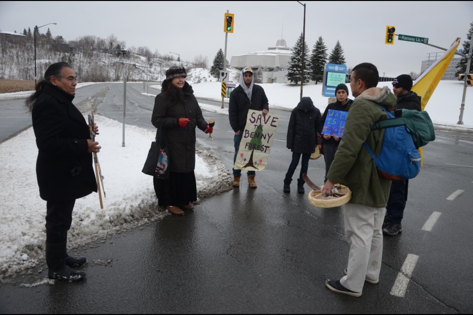 Demonstrator in Sudbury celebrate what they called a small victory at Standing Rock, and said there's still much work to be done to protect the Earth's water. Photo by Arron Pickard.