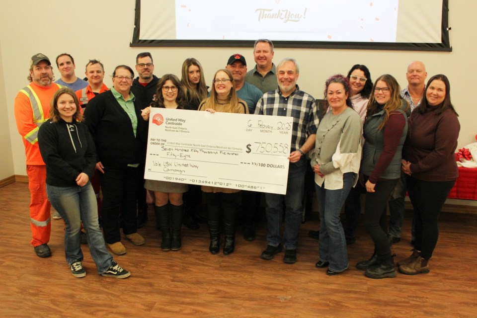 Vale employees, Steelworkers Local 6500 officials and representatives of United Way Centraide North East Ontario post with the cheque for $750,558 brought in for United Way by Vale employees in 2024.