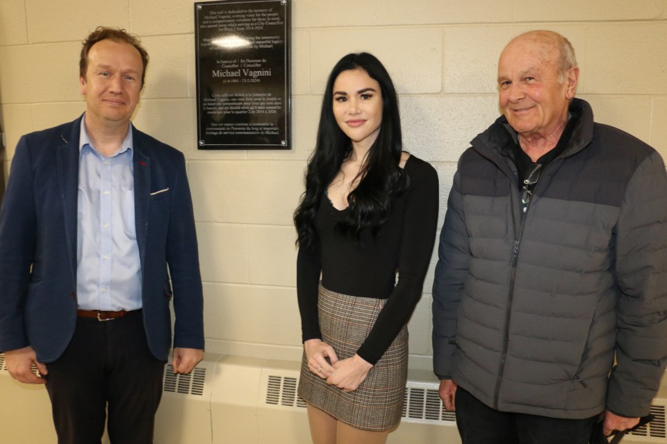 A new plaque honouring the legacy of late Ward 2 city councillor Michael Vagnini was unveiled Thursday at the T.M. Davies Community Centre and Arena in Walden. Those taking part included Greater Sudbury Mayor Paul Lefebvre, left, joined Michael's daughter Erin Vagnini and Michael's brother Peter Vagnini.