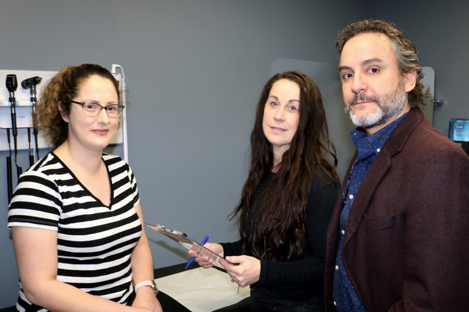 There is a new privately operated pain clinic in Sudbury called Pain Pathway North. Registered Practical Nurse Katrina Whitehead, left, is pictured with clinic owners Kim Brouzes and Dr. Dennis Reich about the pain management programs offered at the clinic.