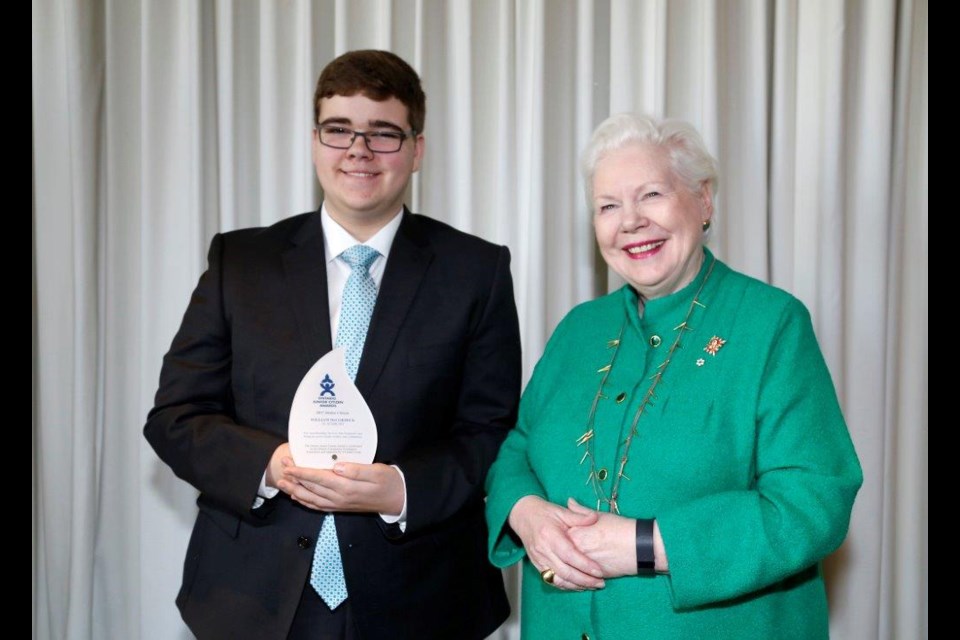 William McCormick is seen here with Elizabeth Dowdeswell, Lieutenant Governor of Ontario, back in 2018 when he received the Ontario Junior Citizen Award. (Supplied)