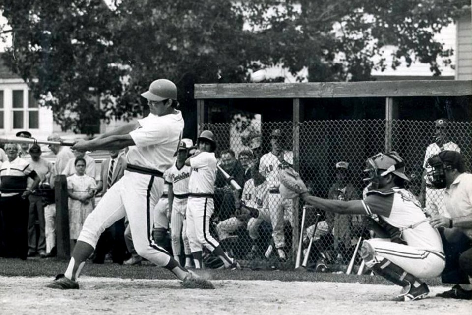Coniston Red Sox legend John Pidutti at the bat in the late 1970s.