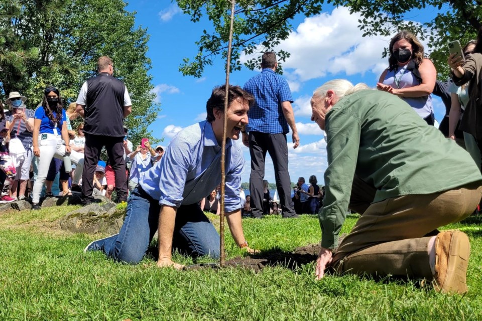 Prime Minister Justin Trudeau and renowned primatologist Dr. Jane Goodall share a laugh after helping plant Greater Sudbury's 10 millionth tree on July 7 2022.
