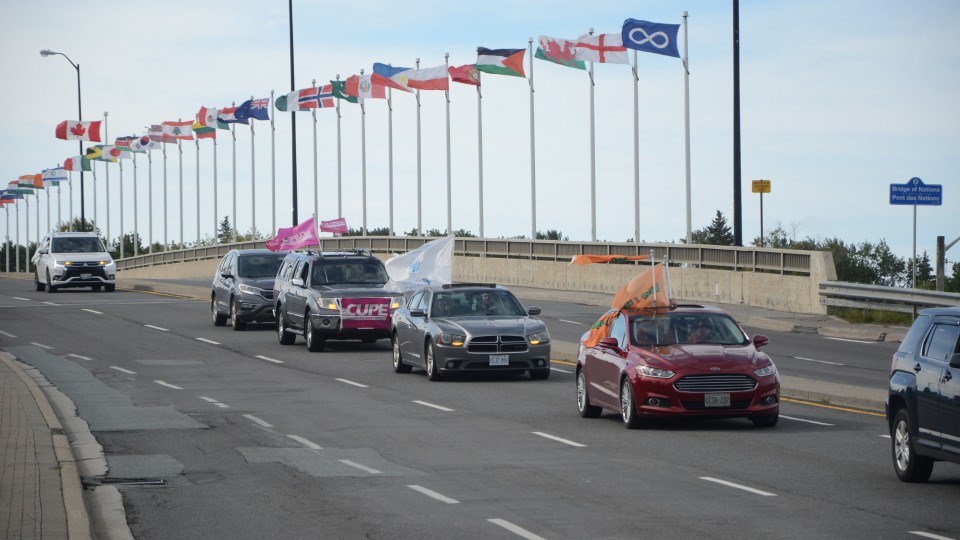 A parade of vehicles make their way over the Bridge of Nations on Sept. 7 to celebrate Labour Day. (Arron Pickard/Sudbury.com)

