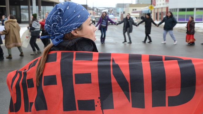 More than 50 people gathered at the intersection of Lorn and Elm streets on Tuesday in a solidarity rally with the  Gidimt'en clan of the Wet'suwet'en First Nation in British Columbia. (Arron Pickard/Sudbury.com)