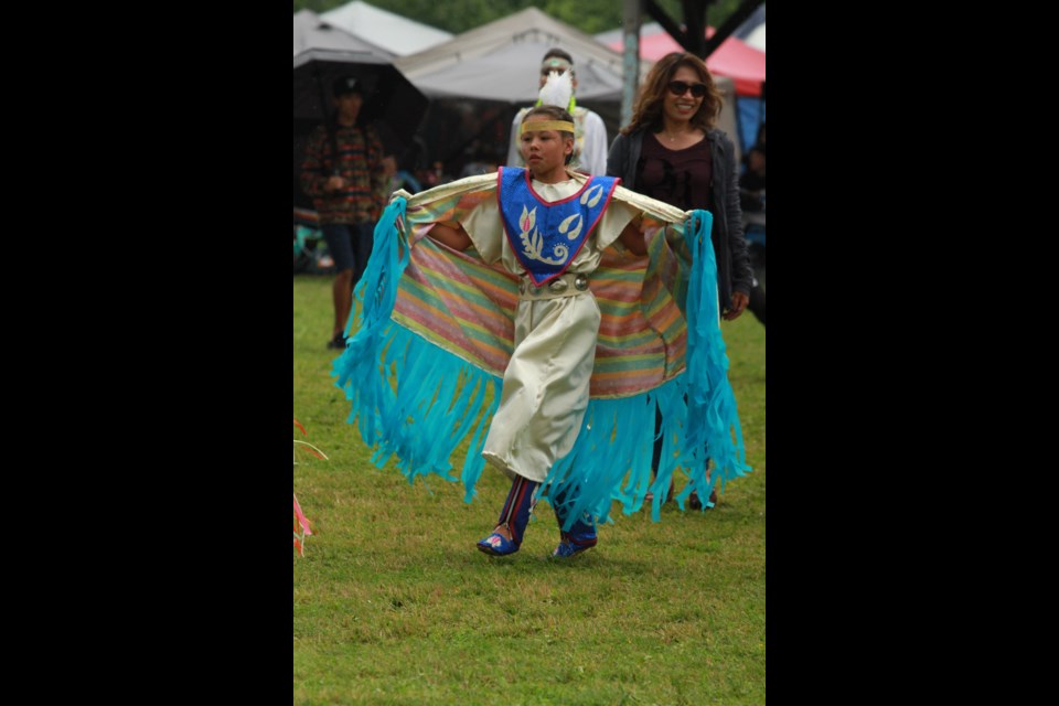 Leona Peltier-Desmoulin, 8, of Wikwemikong, was very active on the powwow grounds on Sunday, competing in the boys and girls category. (Karen McKinley/Northern Ontario Business)