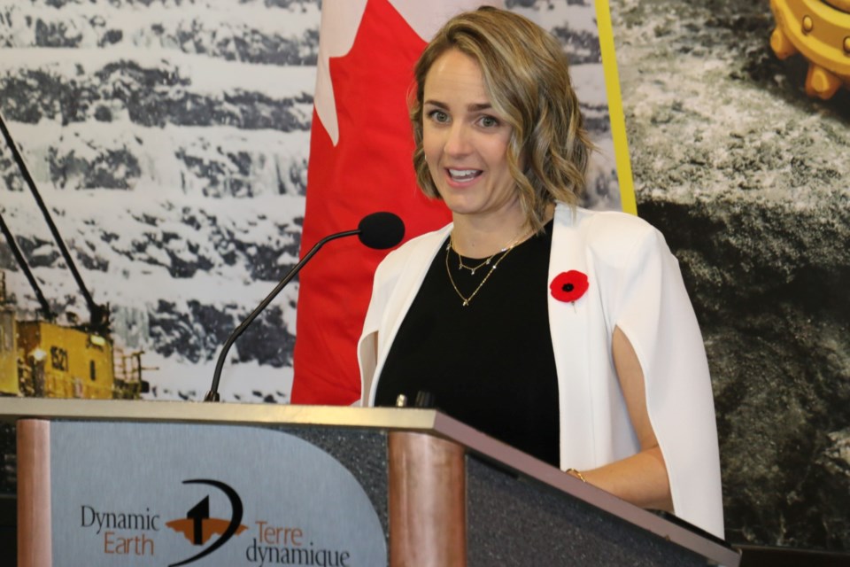Science North CEO Ashley Larose speaks at the Nov. 8 announcement of nearly $1 million in additional funding for Dynamic Earth's Go Deeper project.