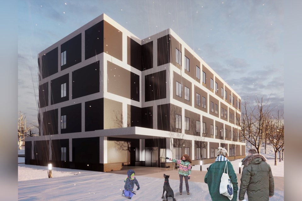 An artist’s rendition of the 40-unit transitional housing complex being built on Lorraine Street this year.