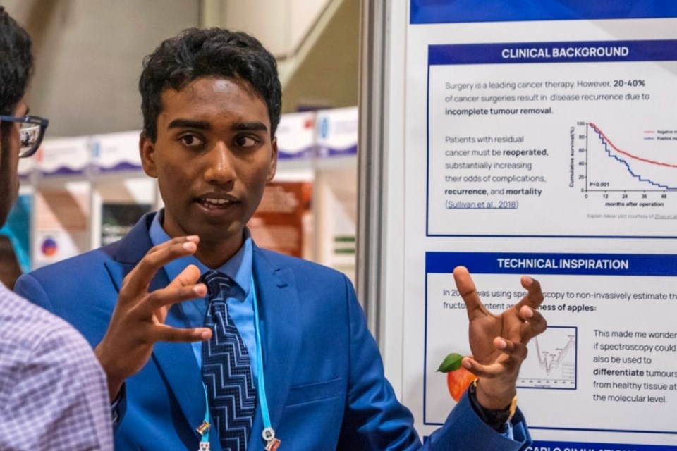 Aaryan Harshith, a Grade 12 student at Lo-Ellen Park Secondary School, won a silver excellence award in the 2023 Canada-Wide Science Fair in Edmonton, Alberta in the senior category for his project “LightIR: An Intraoperative Probe to Enhance Tumour Resections.”