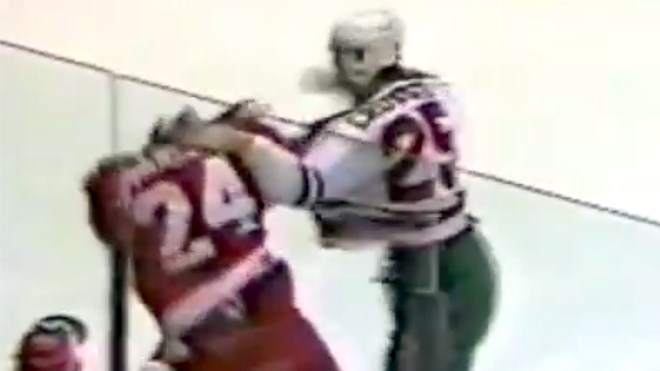 A screen capture from the first NHL fight between Bob Probert of the Detroit Red Wings and Troy Crowder of the Chicago Blackhawks. Crowder, now a PC candidate in Sudbury, found himself the butt of a strange Liberal attack on his fighting record this week. (YouTube.com/HockeyFights)