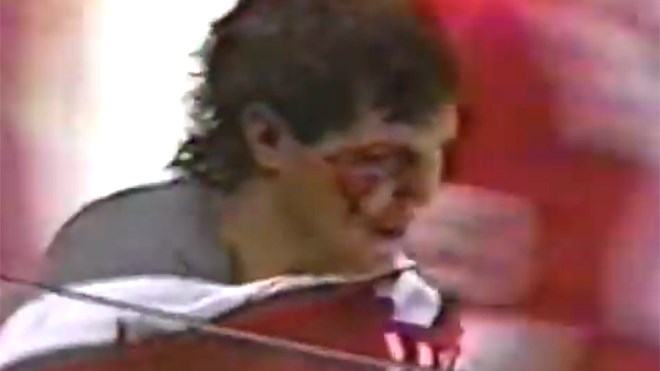 Here's Bob Probert's bloody face after the Red Wing enforcer's first encounter with the flying fists of Troy Crowder, a former NHL enforcer turned politician. (YouTube.com/HockeyFights)