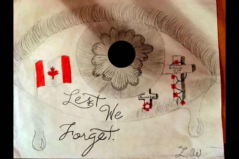 Zarra Williams is a Grade 9 student at Lasalle Secondary this year. Last year, when a Grade 8 student at Carl A. Nesbitt, she crafted this Remembrance Day drawing. Her mother, Melanie, decided to share the drawing with Sudbury.com this year in honour of Nov. 11. 