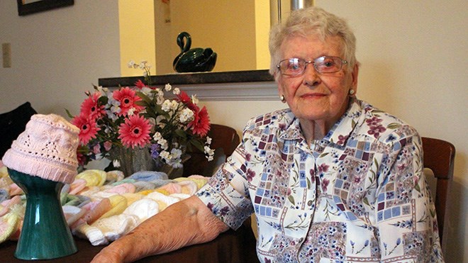 Maizie Hanson, 93, who has produced and donated 1287 baby beanies in the past four years for newborns across Ontario (Keira Ferguson/ Sudbury.com)