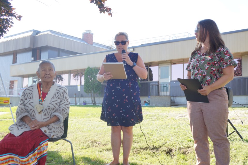 From left to right: Elder Winnie Pitawanakwat sits next to Sara Jane Berghammer (centre), CEO of John Howard Society of Sudbury and at right, Cory Roslyn of the Elizabeth Fry Society of Northeastern Ontario at the Prisoners’ Justice day event Aug. 10. 