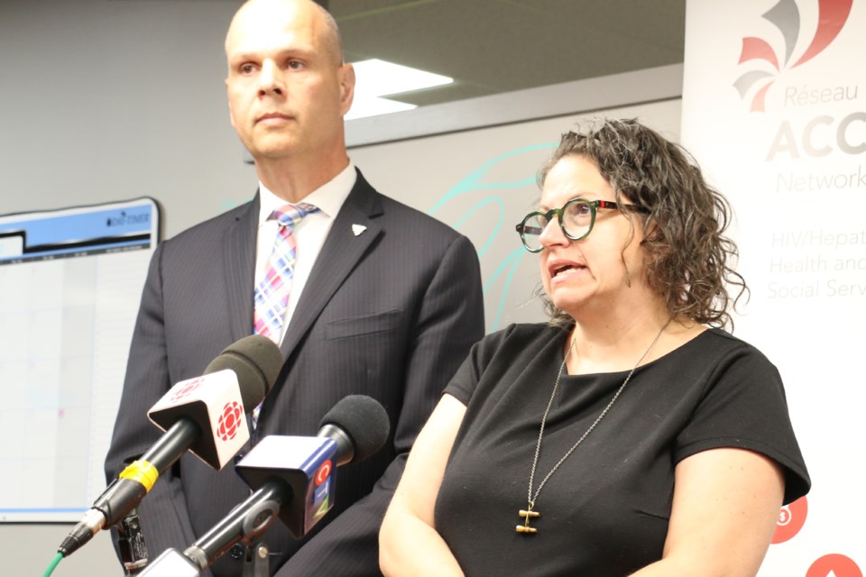 Heidi Eisenhauer, executive director of Réseau ACCESS Network, speaks at an Oct. 10 news conference in Sudbury along with Sudbury MPP Jamie West.