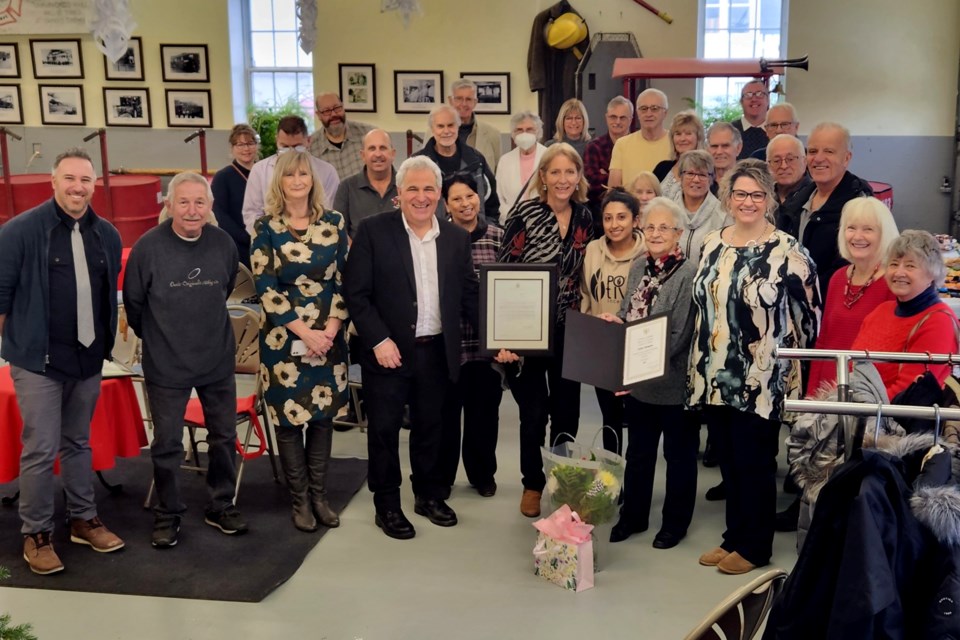 Capreol historian Eileen Thompson (front, fourth from right) is applauded by friends and well-wishers as she retires from the Northern Ontario Railroad Museum & Heritage Centre (NORMHC) board.