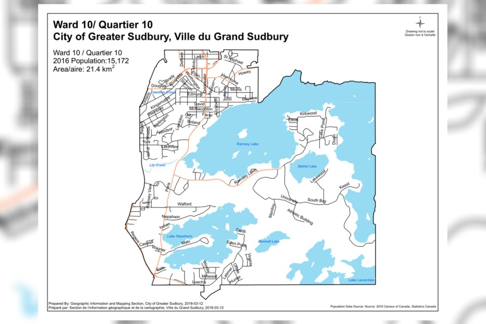 A map of Ward 10 in Greater Sudbury.