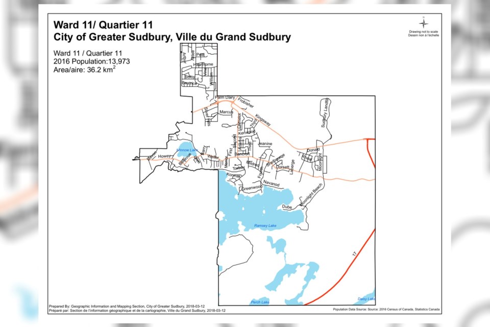 A map of Ward 11 in Greater Sudbury.