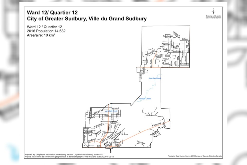 A map of Ward 12 in Greater Sudbury.