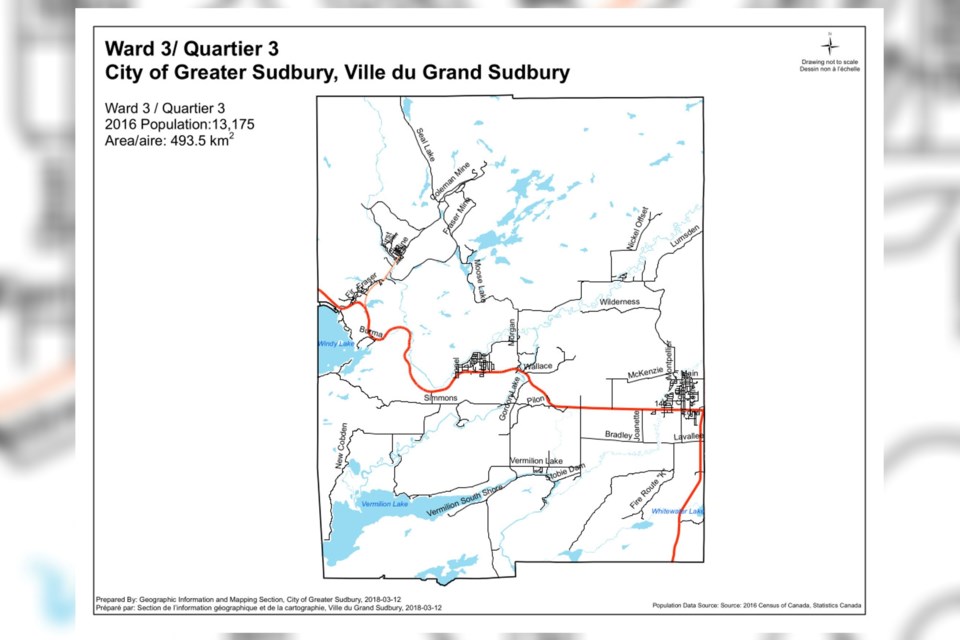A map of Ward 3 in Greater Sudbury.