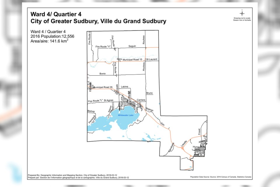 A map of Ward 4 in Greater Sudbury.