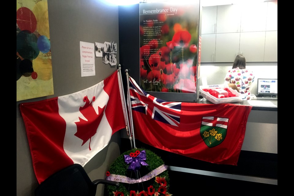 Chelmsford dentist Dr. Sharon Witzu-Cardella created a Remembrance Day display in her office to recognize the sacrifice of her father, Fred  Witzu, and all veterans. Photos supplied