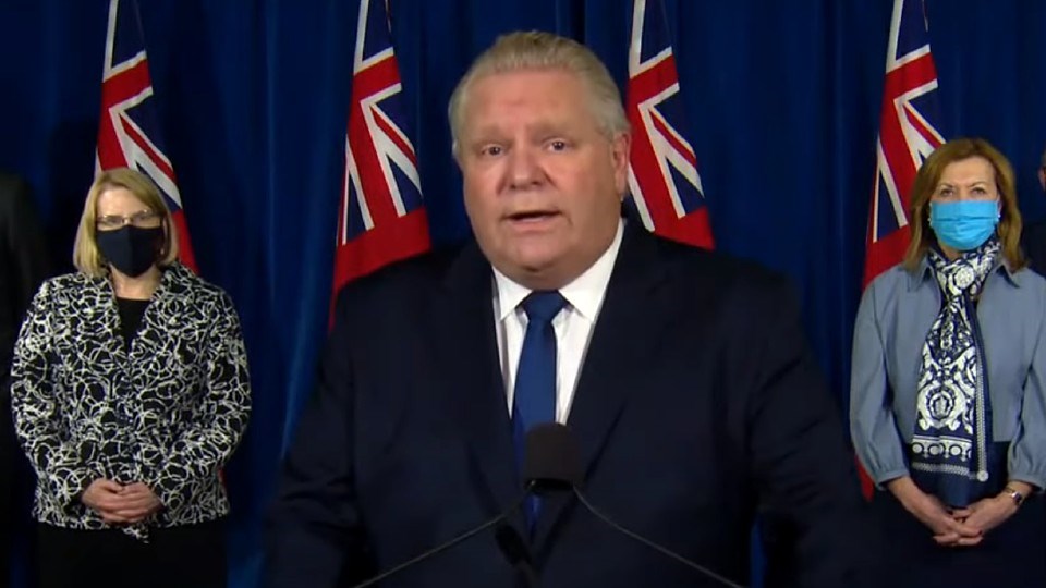 Premier Doug Ford is shown during a media briefing Jan. 12 2021 announcing second state of emergency.