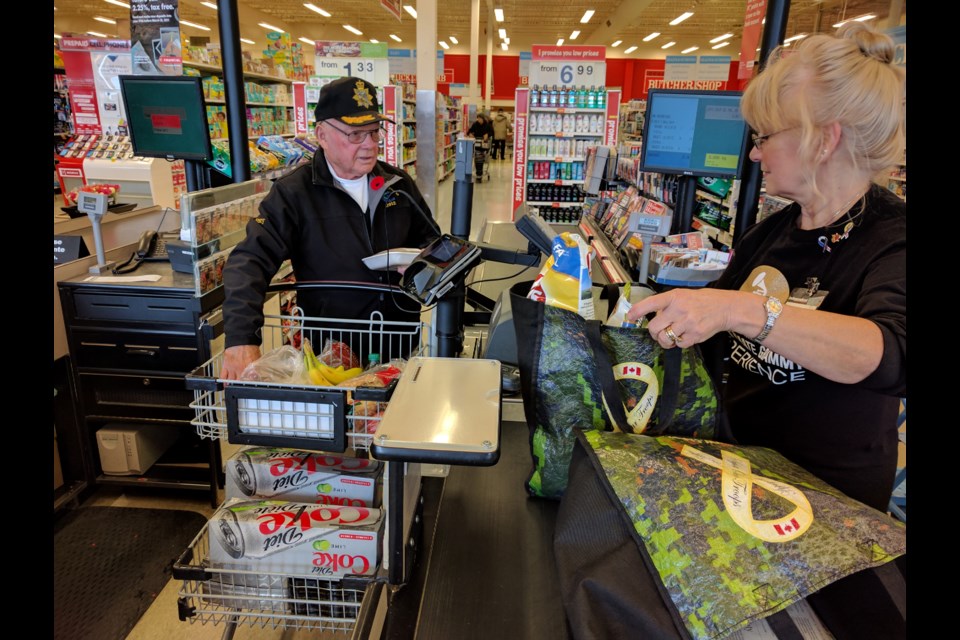 Dumas' Your Independent Grocers gifted long-time customer and community volunteer John Goudreau with gift cards and free groceries, thanking him for his years of service with the Irish Regiment of Canada. Photo by Jonathan Migneault.
