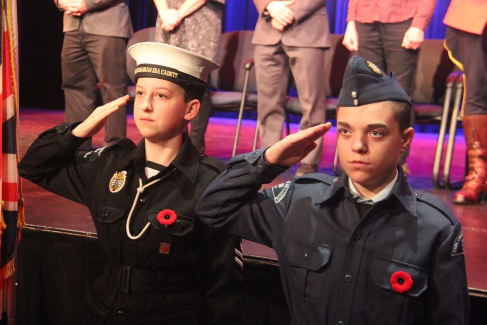 Cadets salute during a Remembrance Day ceremony at Sudbury Secondary School Nov. 12. The school honoured the 11 alumni from its precursor school, Sudbury High School, who died in the First World War. Nov. 11 marked 100 years since the end of the First World War. (Heidi Ulrichsen/Sudbury.com)