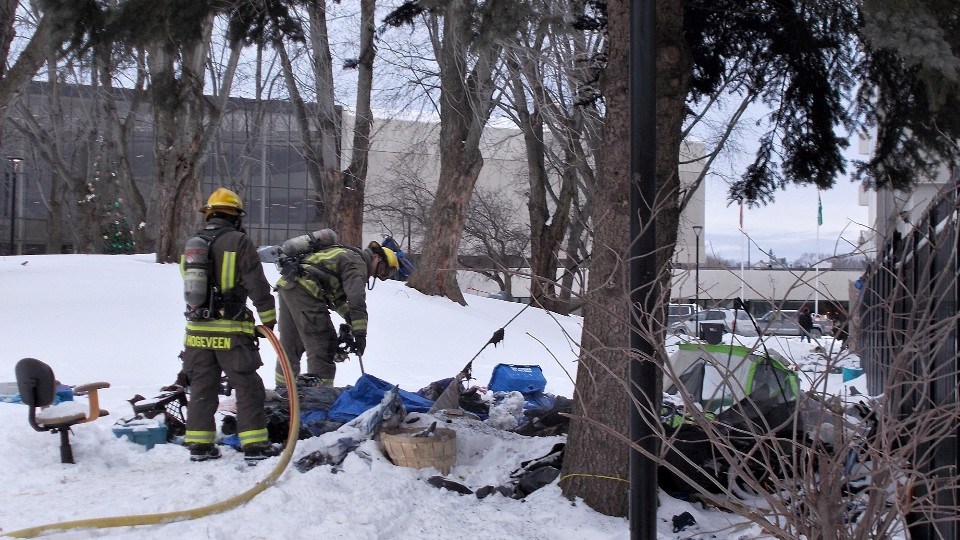 Fire broke out in a homeless shelter encampment in downtown Sudbury Thursday afternoon. No injuries were reported.