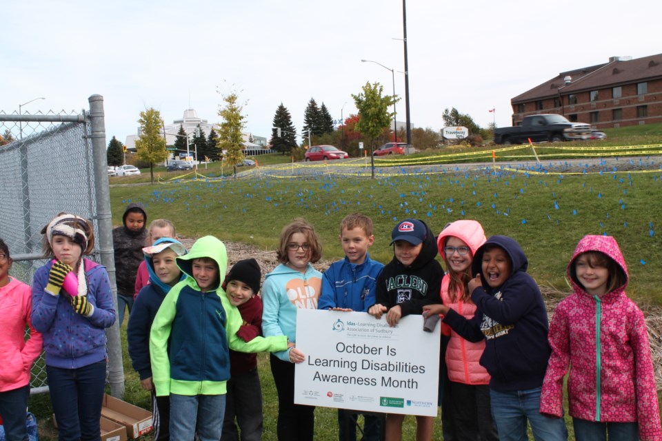Students from MacLeod Public School planted 2,000 small blue flags Wednesday to represent students identified with a learning disability at all four local school boards, as well as local post-secondary institutions. (Supplied)