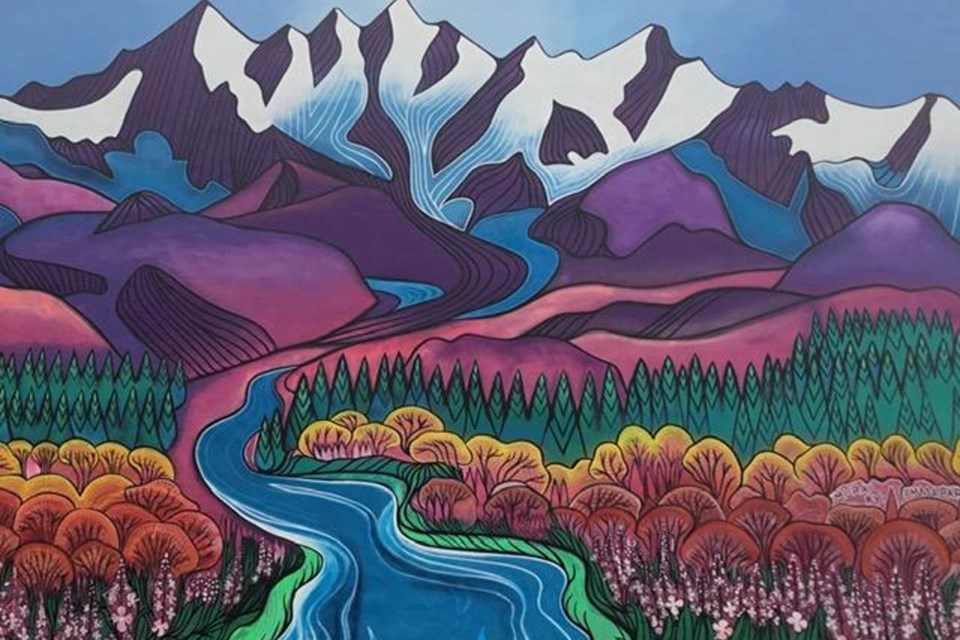 Whitehorse, Yukon's collection of public art includes bright and colourful murals, that are also regionally and historically appropriate. A prime example is this mural by artist Emma Barr, located 211 Wood St. in Whitehorse.