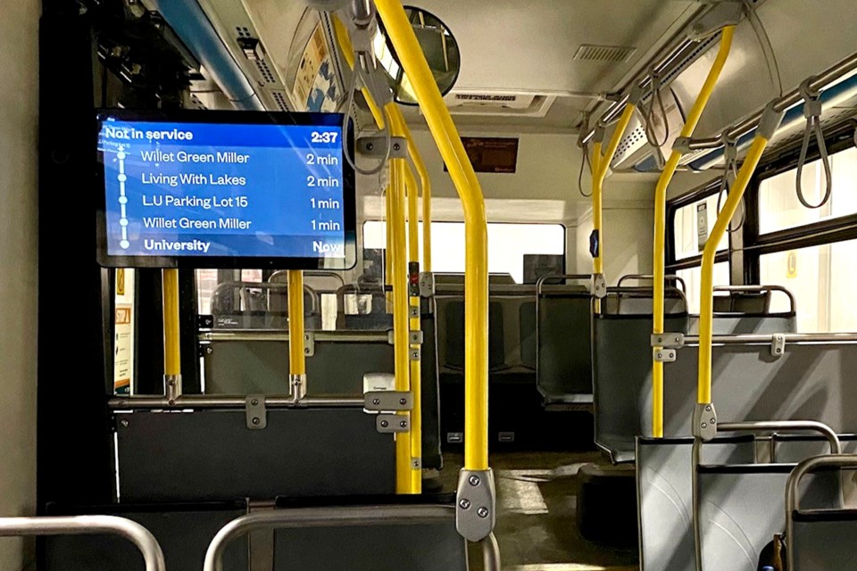 The interior of a Sudbury transit bus. The city has plans to convert its fleet to electric vehicles by 2035.