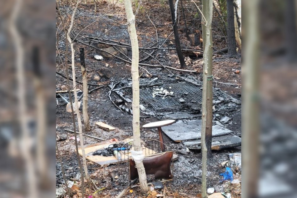 The scene of one of two weekend fires, this is the burnt remains of a tent and belongings. 