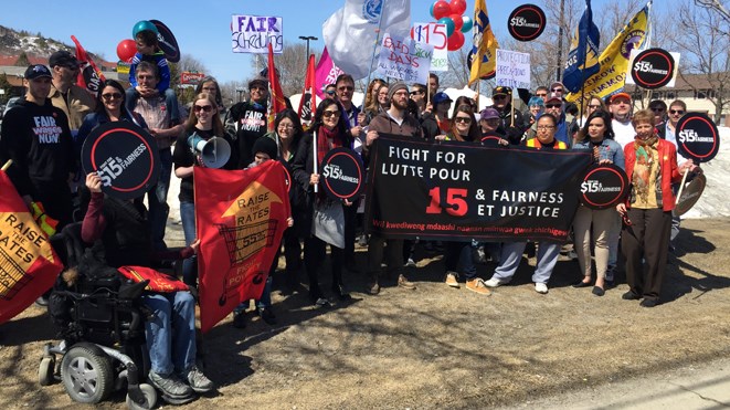More than three dozen people participated in a $15 And Fairness Campaign demonstration outside Sudbury MPP Glenn Thibeault's Barrydowne Road office today at noon.