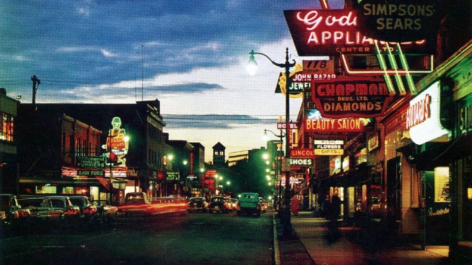 The neon lights are pretty in this postcard of downtown Sudbury from the 1960s.