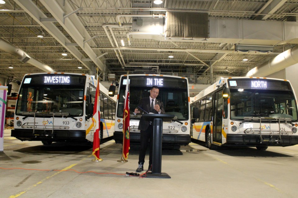 Ontario Transportation Associate Minister Stan Cho speaks during a $3-million funding announcement at the city’s transit depot on Thursday.