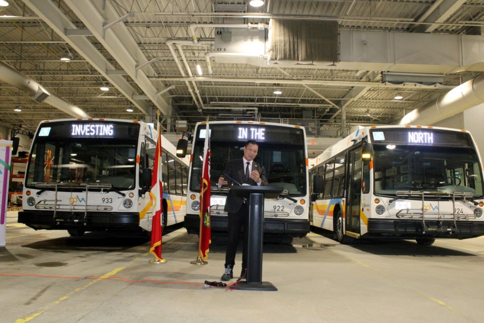 Ontario Transportation Associate Minister Stan Cho speaks during a $3-million funding announcement at the city’s transit depot on Thursday.