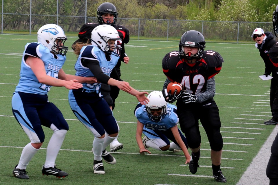 Sudbury’s St. Benedict Bears took on the St. Mark Lions for a the second annual all-female full-tackle high school football game on May 16, 2023. The Sudbury crew fell 25-19. St. Ben's coach, Kim "Junior" Labrosse, said it's high time a girls tackle football league is created.
