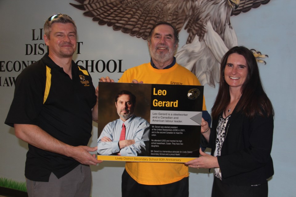 Steelworkers International president Leo Gerard (centre) was inducted into the Lively District Secondary School's new hall of fame Thursday. He's seen here with teacher Tim Walker and principal Leslie Mantle. (Heidi Ulrichsen/Sudbury.com)
