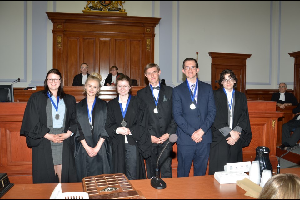 Confederation Secondary School’s Mock Trial team received the silver medal. Team members include, from left, Emma Oldford, Lauren Knox, Alannah Lawson, Brady Coufal, Jack Ainsworth and Ian Morris. (Supplied)
