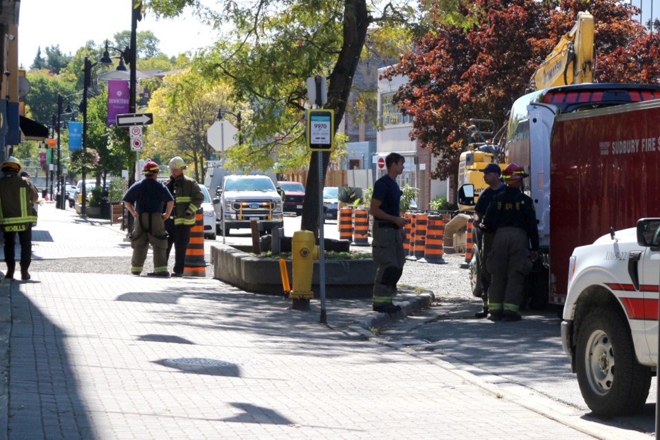 Durham and Larch streets in downtown Sudbury are closed off on Sept. 18 after officials say construction ruptured a gas line under the roadway.