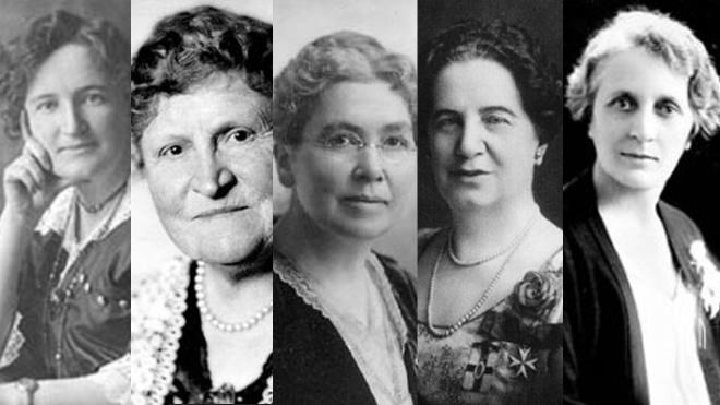 The Famous Five (from left): Nellie McClung, Henrietta Edwards, Louise McKinney, Emily Murphy and Irene Parlby. (Library and Archives Canada)