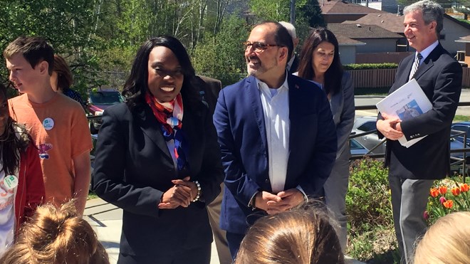 Ontario Education Minister Mitzie Hunter was joined by Energy Minister and Sudbury MPP Glenn Thibeault at École élémentaire catholique St. Dominique in Sudbury on Friday for a funding announcement. (Darren MacDonald)