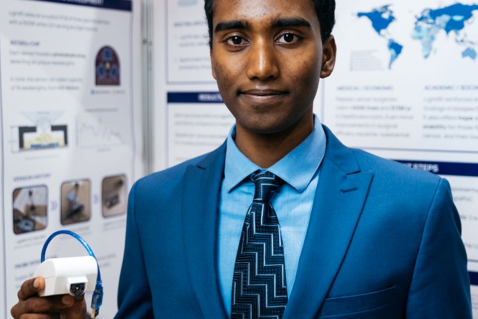 Aaryan Harshith, a Grade 12 student at Lo-Ellen Park Secondary School, won a silver excellence award in the 2023 Canada-Wide Science Fair in Edmonton, Alberta in the senior category for his project “LightIR: An Intraoperative Probe to Enhance Tumour Resections.”
