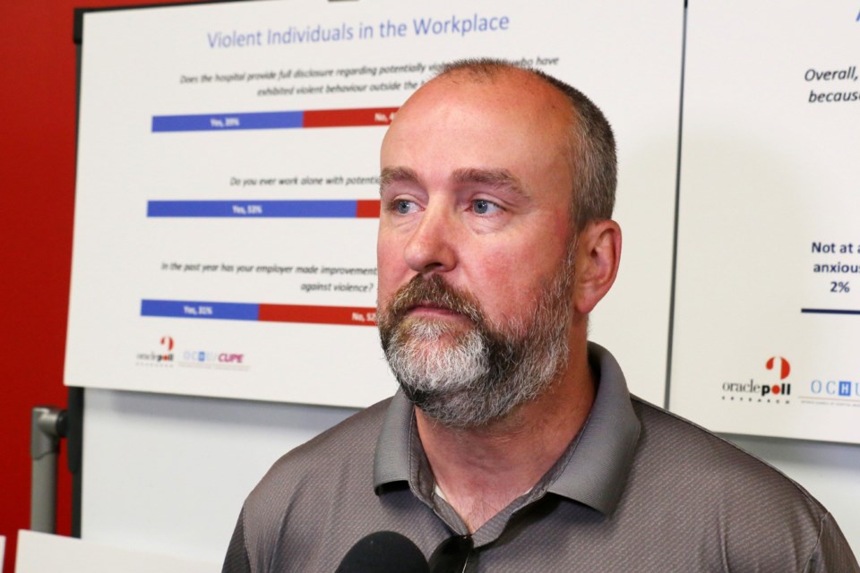 Sudbury hospital workers David Tremblay spoke about being bitten and spat upon at a news conference in Sudbury on July 19 2022. CUPE and OCHU are calling on the province to step in. 