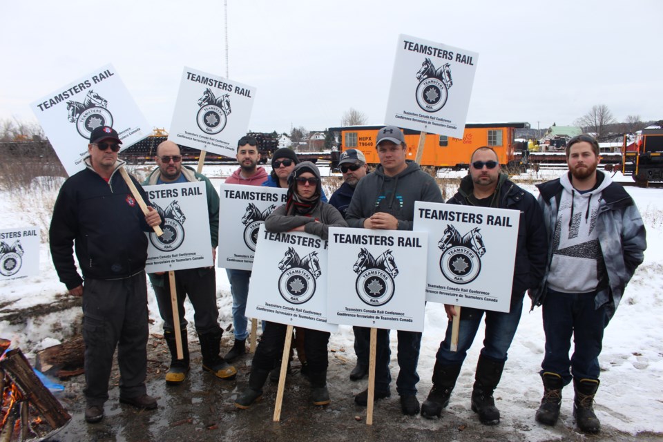 CN Railway workers of Teamsters Canada Rail Conference division 728, picketing at the CN station in Capreol as part of the union's nation-wide strike. (Keira Ferguson/ Sudbury.com)Conference