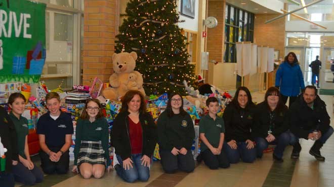 Students at St. Benedict Catholic Secondary School filled a school bus with more than 1,500 toys recently. (Supplied)
