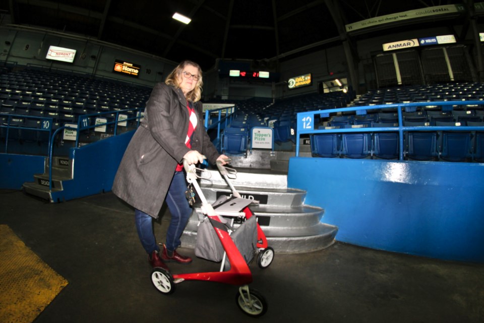 Spinal Cord Injury Ontario regional service co-ordinator Nadine Law is seen at the Sudbury Community Arena during a recent tour of the facility with Sudbury.com.